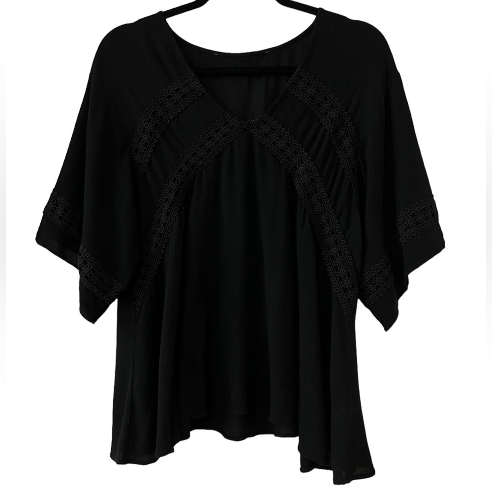 Blue Rain Flowy Black Blouse with Flowy Short Sleeves w/ Crochet Accents
